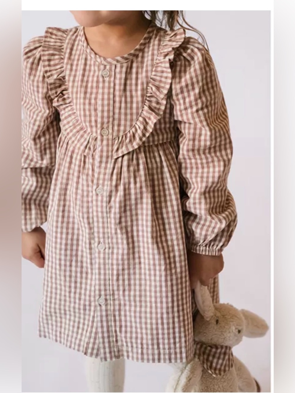 Pehr Girls' Cream & Brown Gingham Ruffle Front Dress 6-12 M